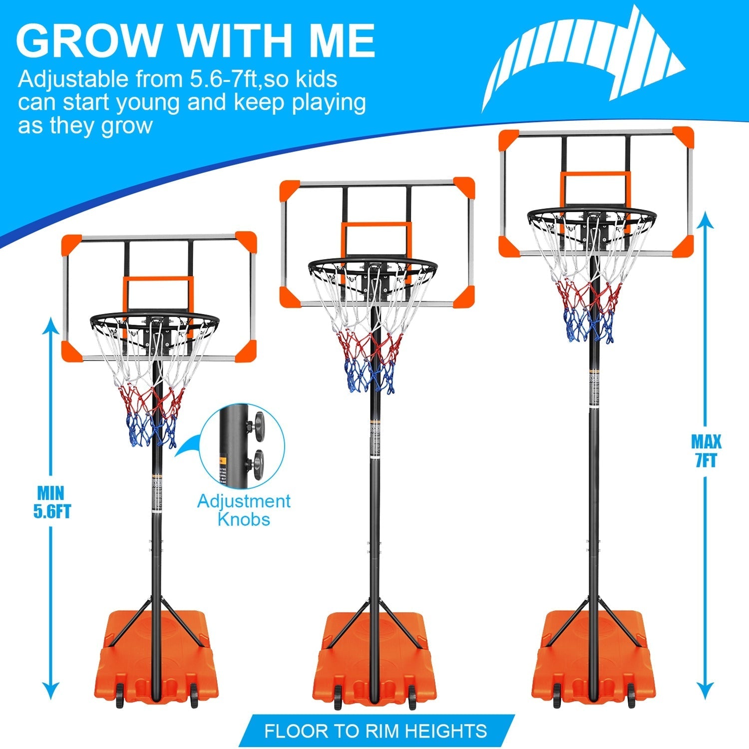 Kids Basketball Hoop Adjustable 5.6-7ft with Wheels