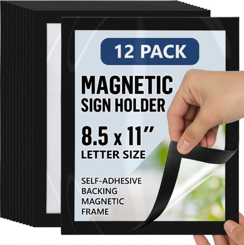 12 Pcs Magnetic Sign Holder 8.5 x 11 inch Magnetic Frames for Wall Document Holder Reusable Adhesive Frames Windows Picture Frame Display Sleeve Peel & Stick Magnet Door Sign Holder Magnet Page Protector