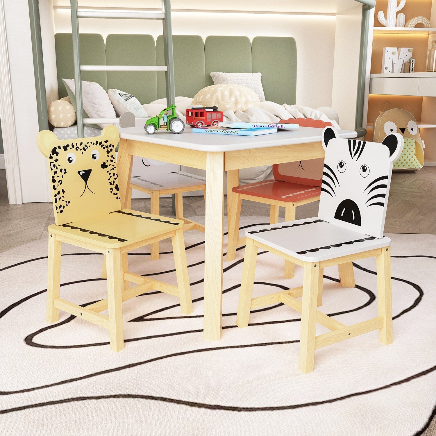Kids Table and Chair Set, 5-Piece with Animal Designs
