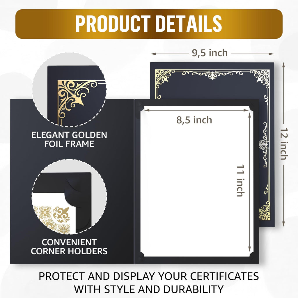 50 Pack Premium Black Certificate Holders 8.5 x 11 inch Heavyweight 300gsm Cardstock Diploma Holder & Certificate Folder Award Certificate Folders for Graduation with Gold Foil Diploma Cover