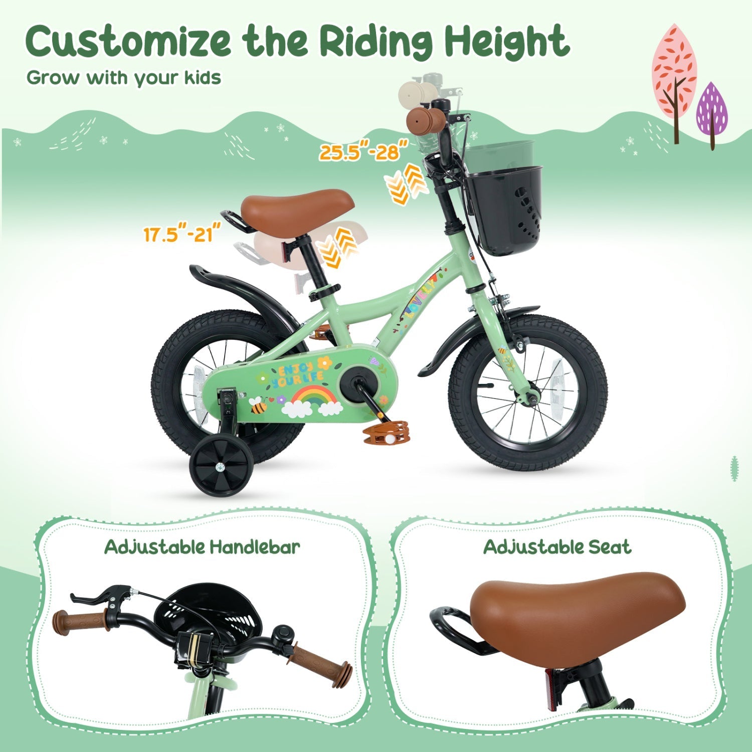 Girls Bike 12 Inch with Training Wheels and Basket - Green