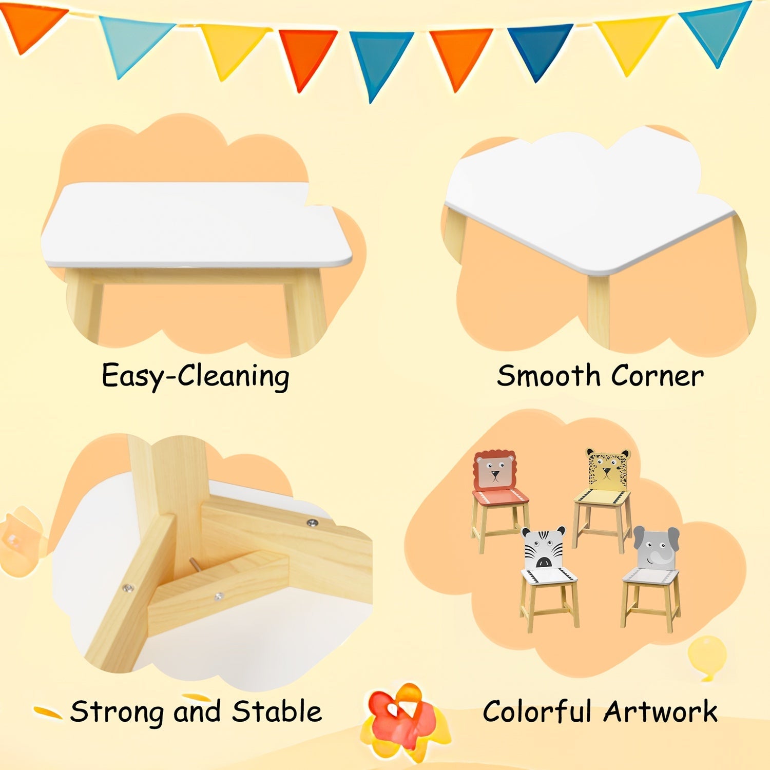 Kids Table and Chair Set, 5-Piece with Animal Designs