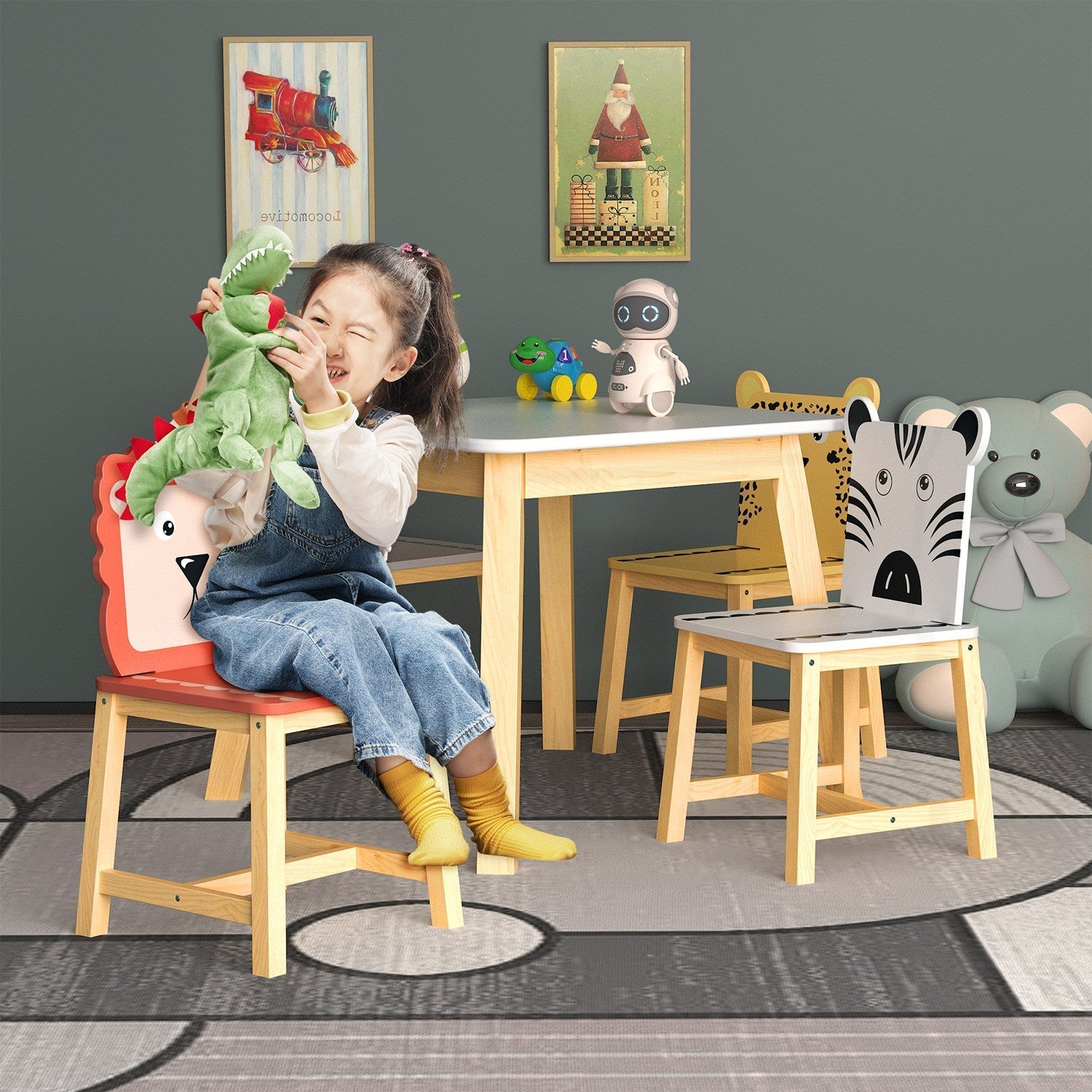 Kids Table and Chair Set, 5-Piece with Animal Designs