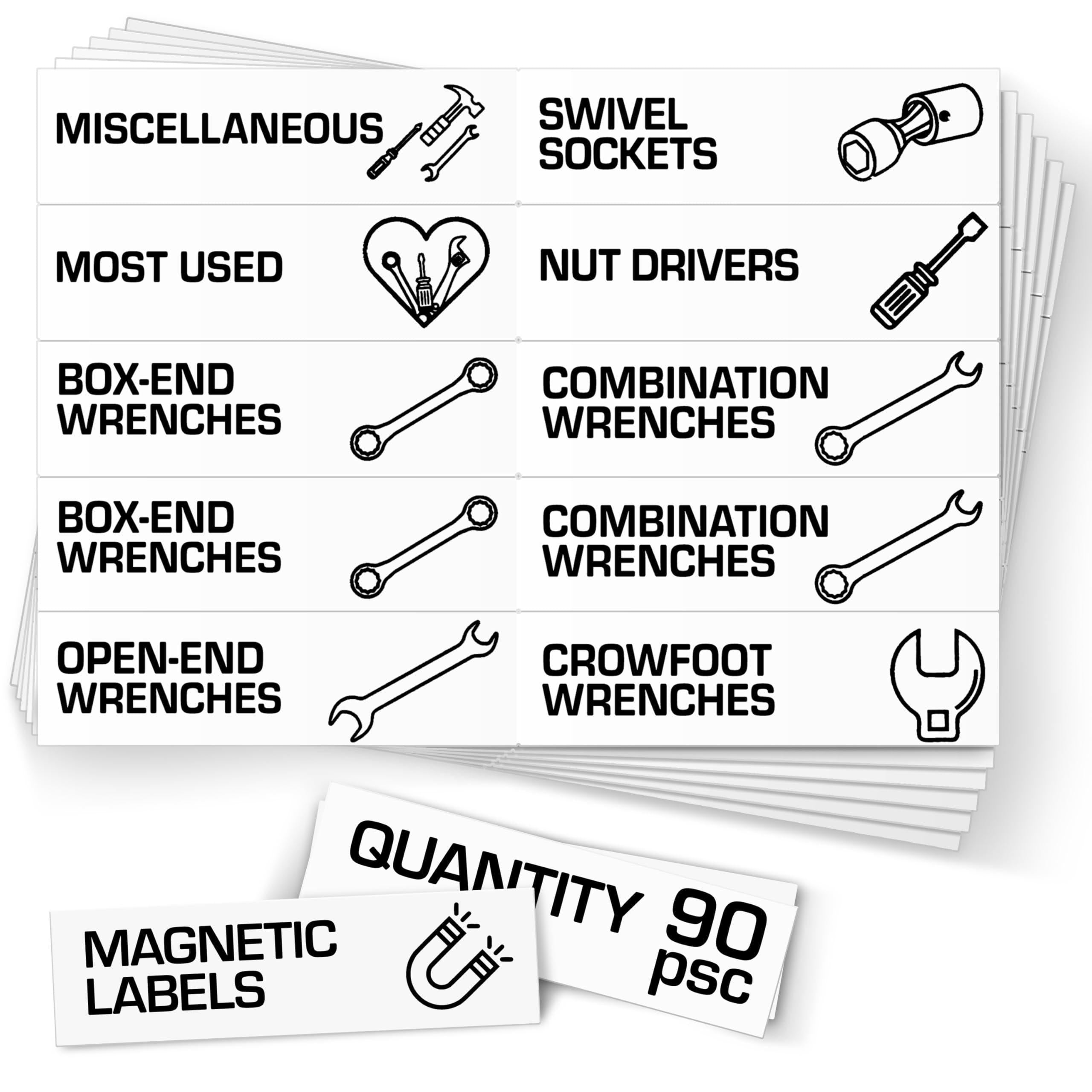 90 Pcs Magnetic Tool Box Labels 3.5x1 inch White Magnetic Toolbox Labels for Tool Box Drawers Strong Magnet Toolbox Organizer Chest Pre Printed & Blanked Emblems for Organization Toolbox Emblems