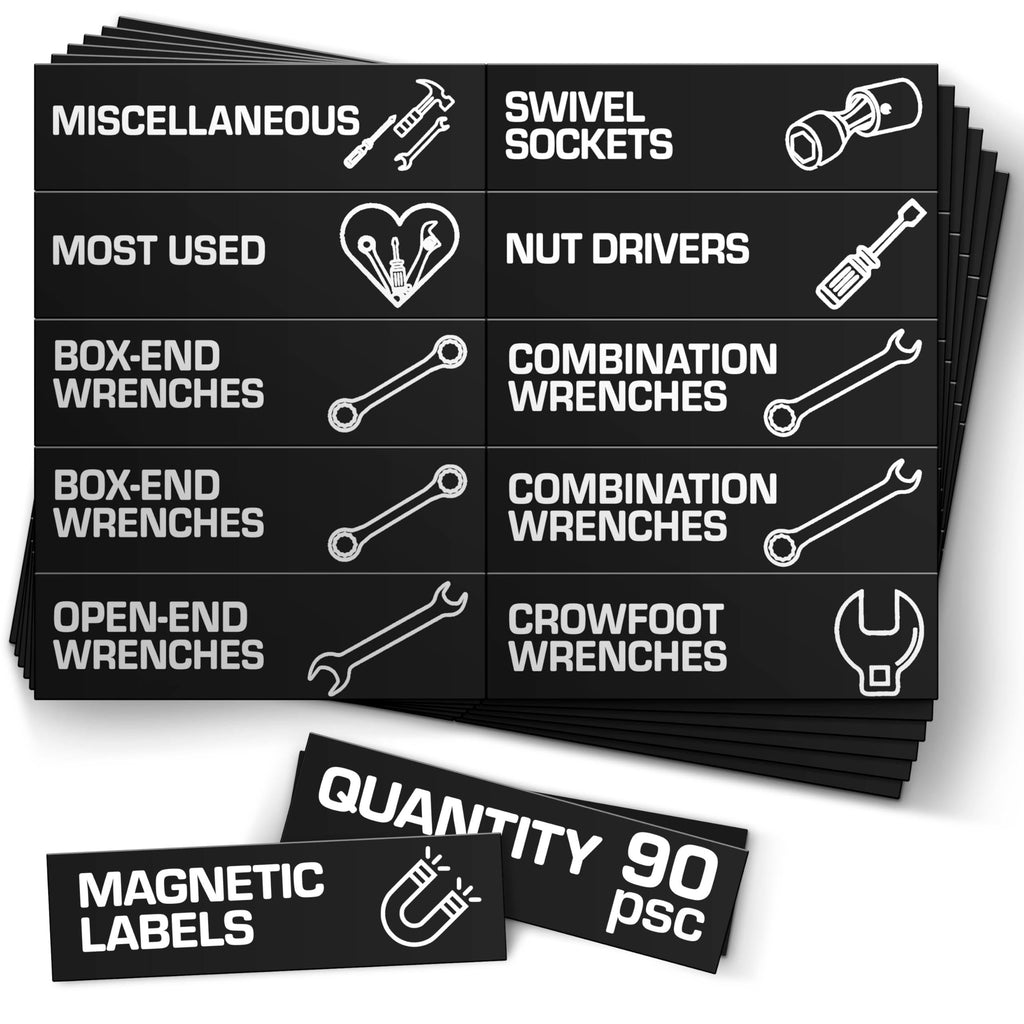 90 Pcs Magnetic Tool Box Labels 35x1 inch Magnetic Toolbox Labels for Tool Box Dwawers Strong Magnet Toolbox Organizer Chest Black Pre Printed & Blanked Emblems for Organization