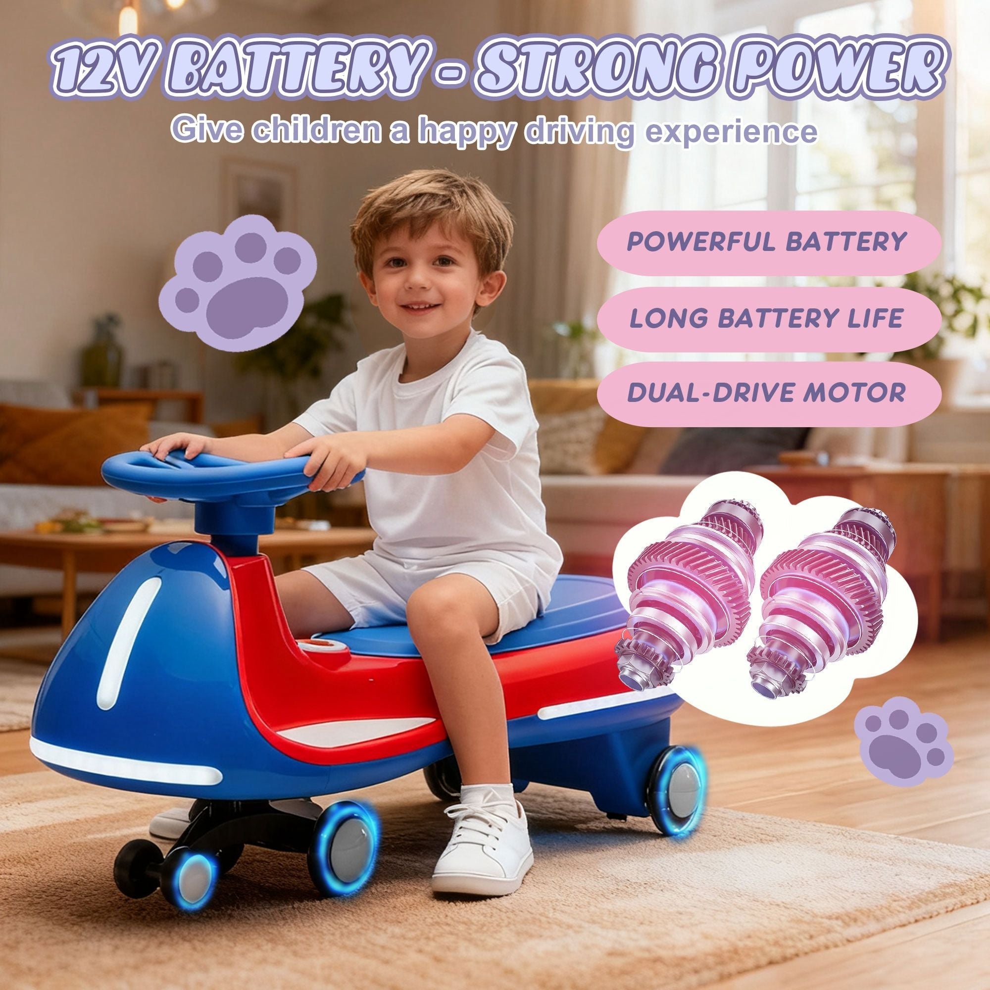 12V Electric Wiggle Ride On Car with Dual Motors & LED Lights