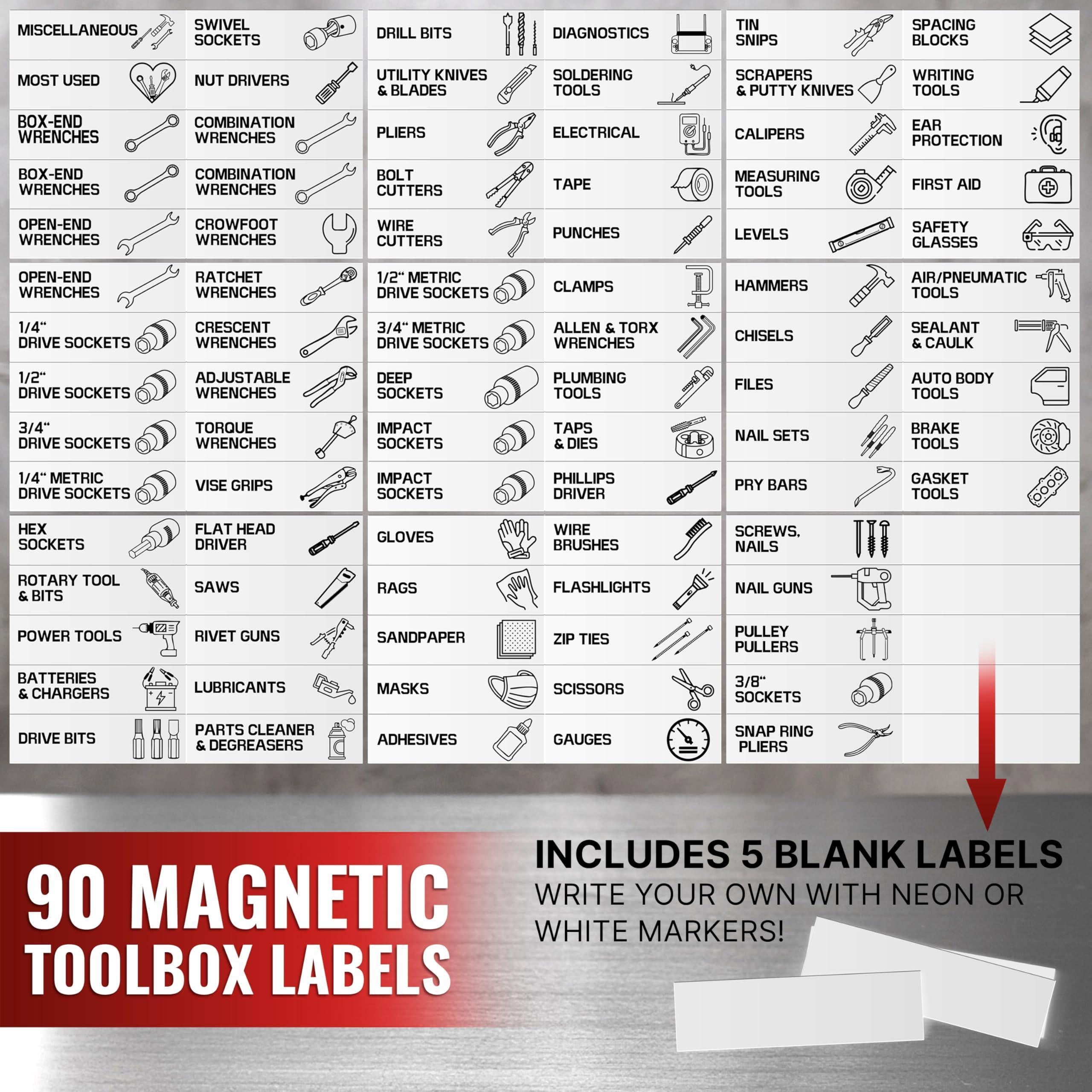90 Pcs Magnetic Tool Box Labels 3.5x1 inch White Magnetic Toolbox Labels for Tool Box Drawers Strong Magnet Toolbox Organizer Chest Pre Printed & Blanked Emblems for Organization Toolbox Emblems