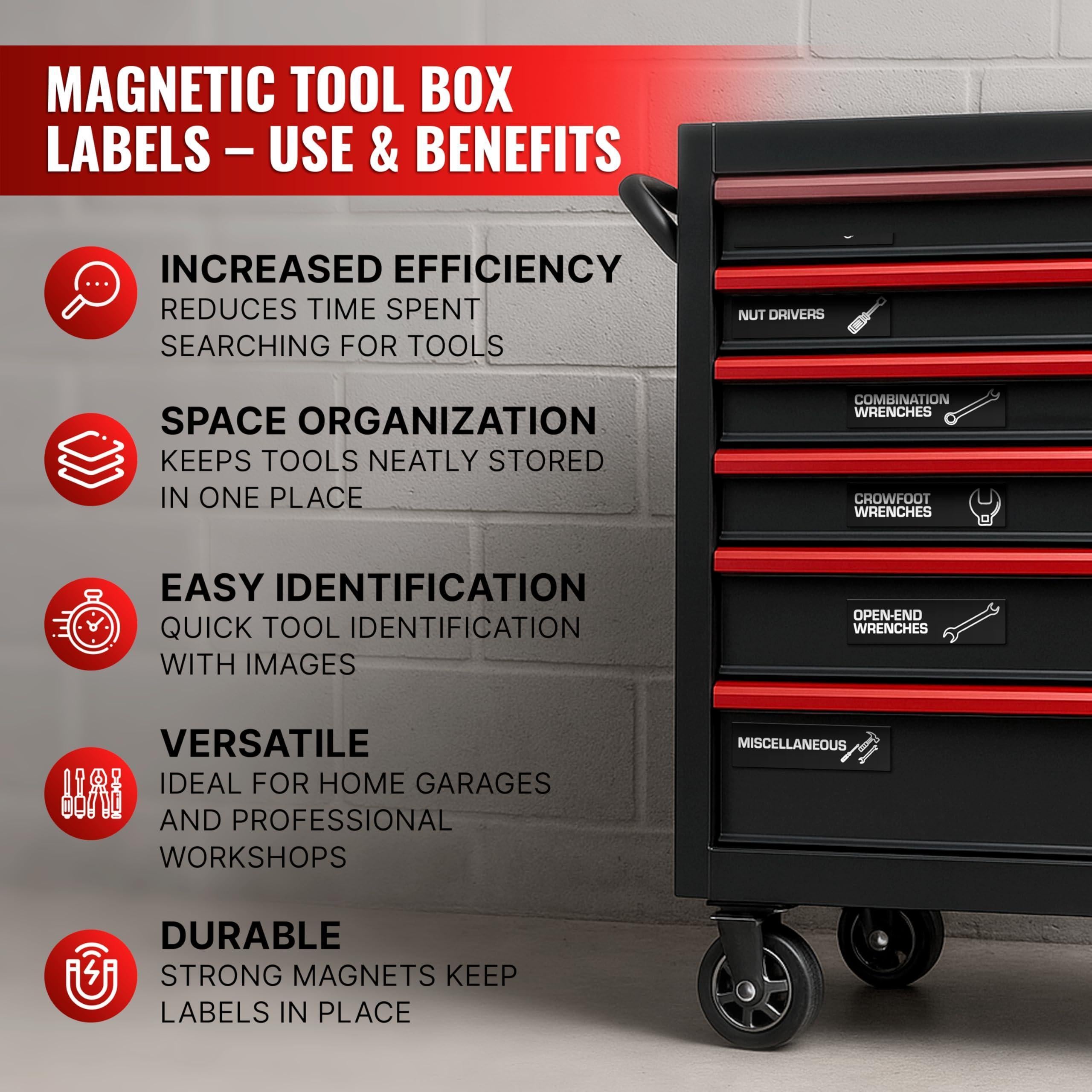 90 Pcs Magnetic Tool Box Labels 35x1 inch Magnetic Toolbox Labels for Tool Box Dwawers Strong Magnet Toolbox Organizer Chest Black Pre Printed & Blanked Emblems for Organization