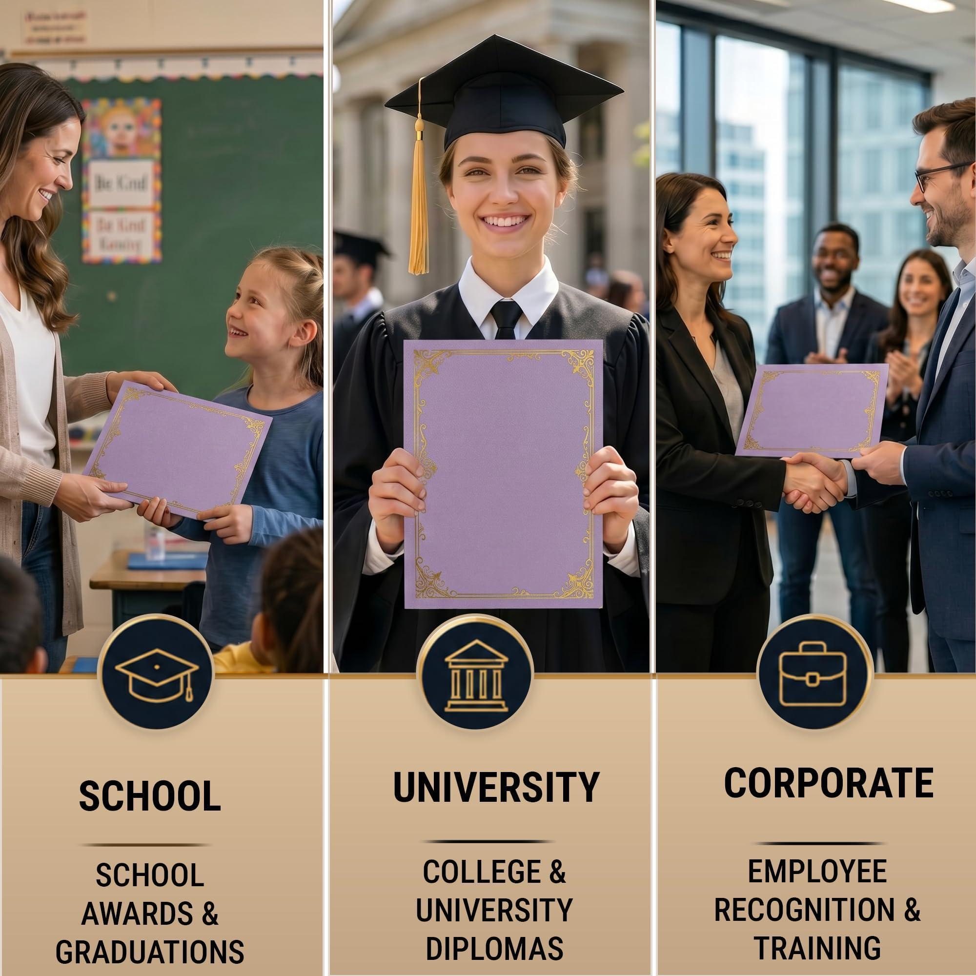 30 Pack Premium Purple Certificate Holders 8.5 x 11   Heavyweight 300gsm Cardstock Diploma Holder & Certificate Folder   Award Certificate Folders for Graduation with Gold Foil   Diploma Cover 8.5x11