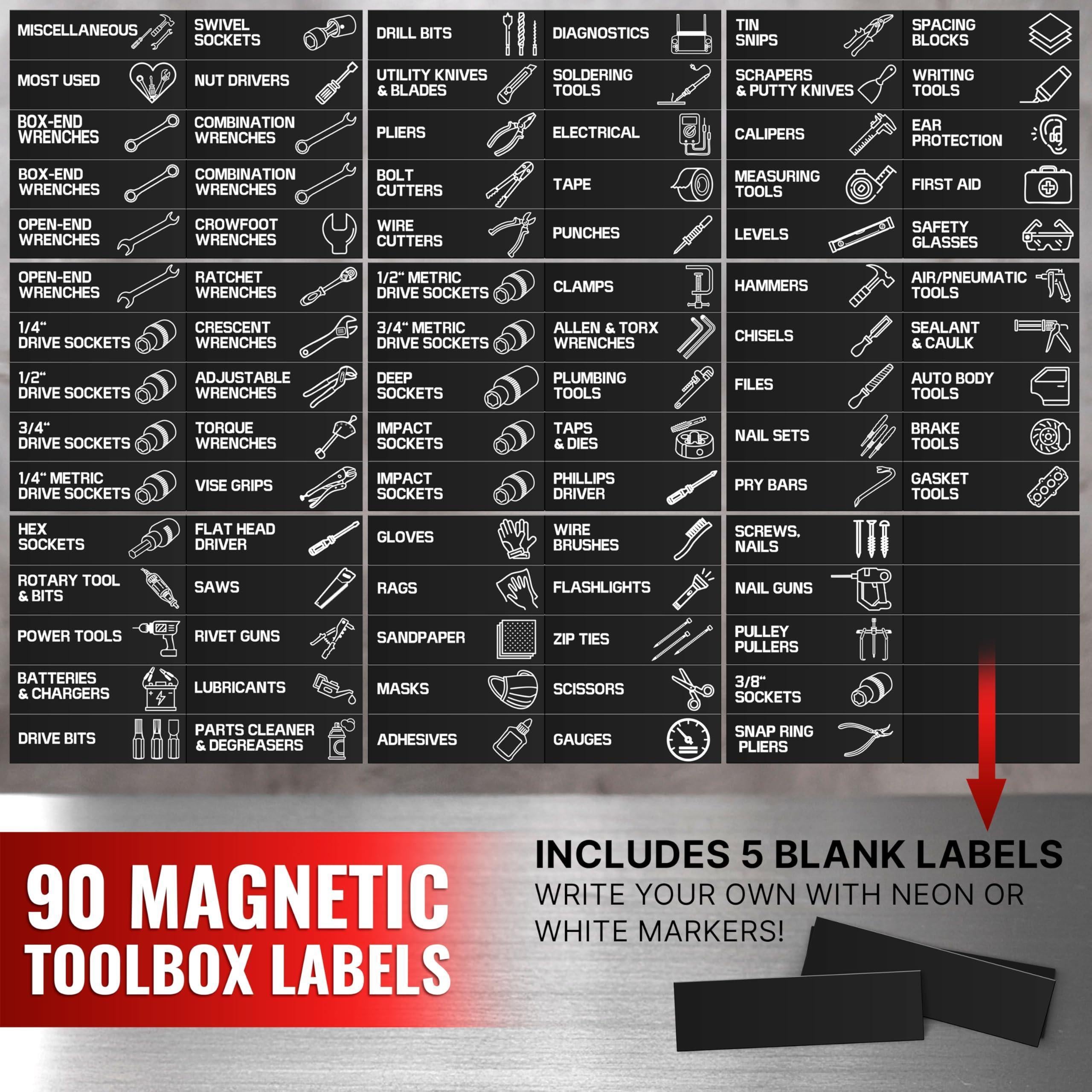 90 Pcs Magnetic Tool Box Labels 35x1 inch Magnetic Toolbox Labels for Tool Box Dwawers Strong Magnet Toolbox Organizer Chest Black Pre Printed & Blanked Emblems for Organization