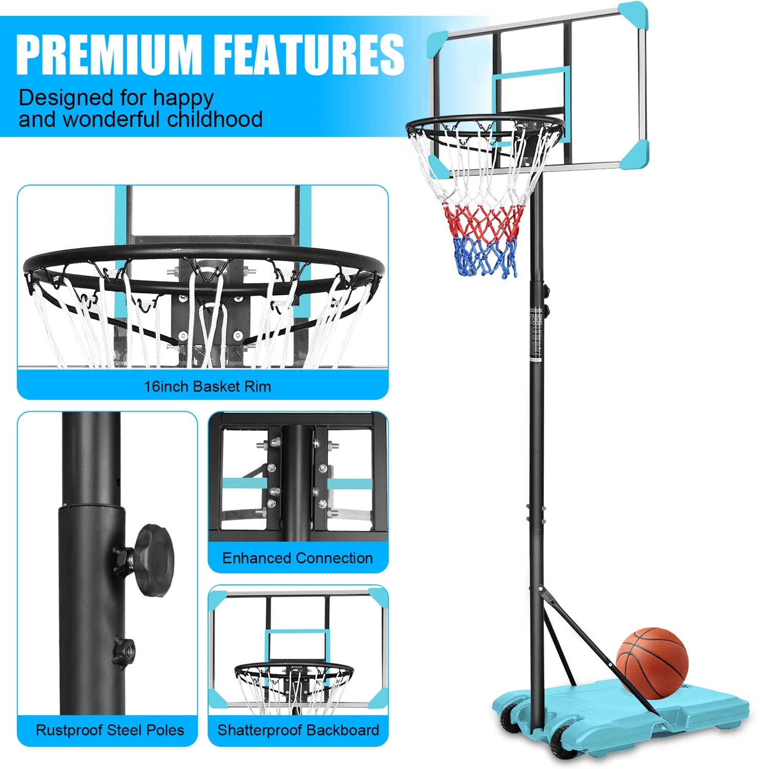 Kids Basketball Hoop Adjustable 5.6-7ft with Wheels
