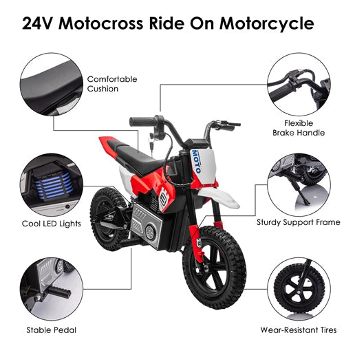 24V Electric Motocross Ride-On Motorcycle for Kids Ages 5-12