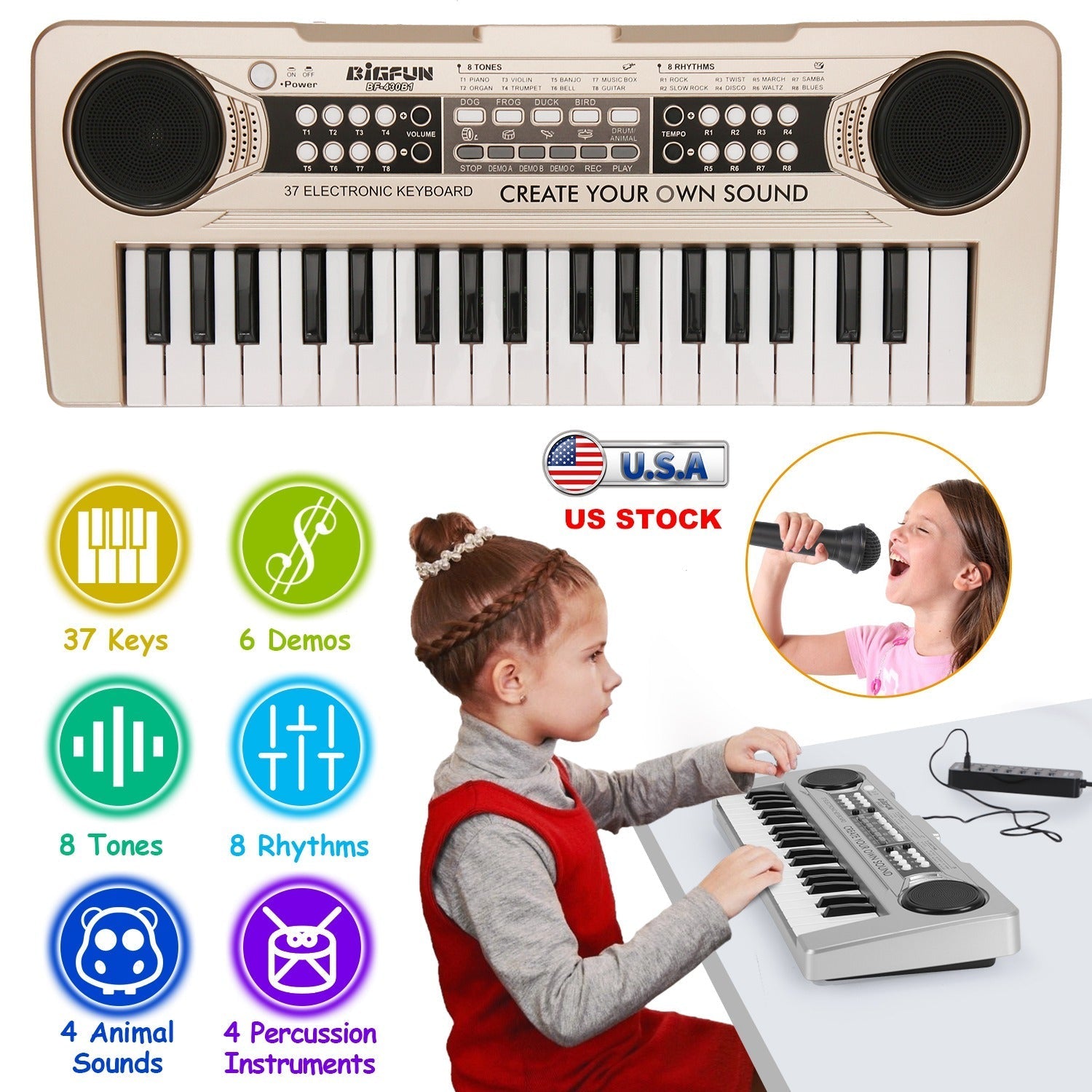 37 Keys Digital Music Electronic Keyboard Electric Piano Musical Instrument Kids Learning Keyboard with Microphone for 3-10 Year Old Kids Girls Boys