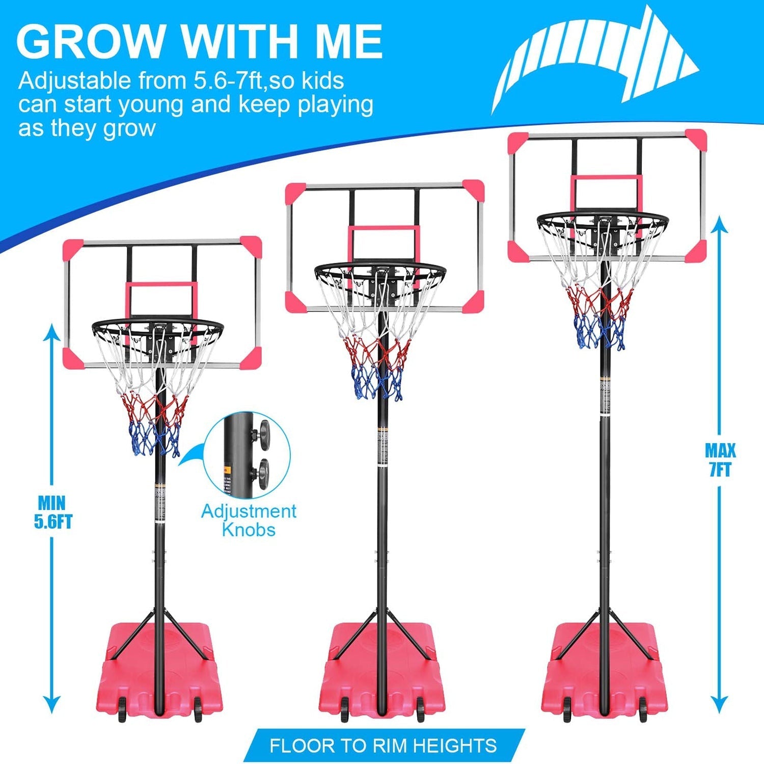 Kids Basketball Hoop Adjustable 5.6-7ft with Wheels