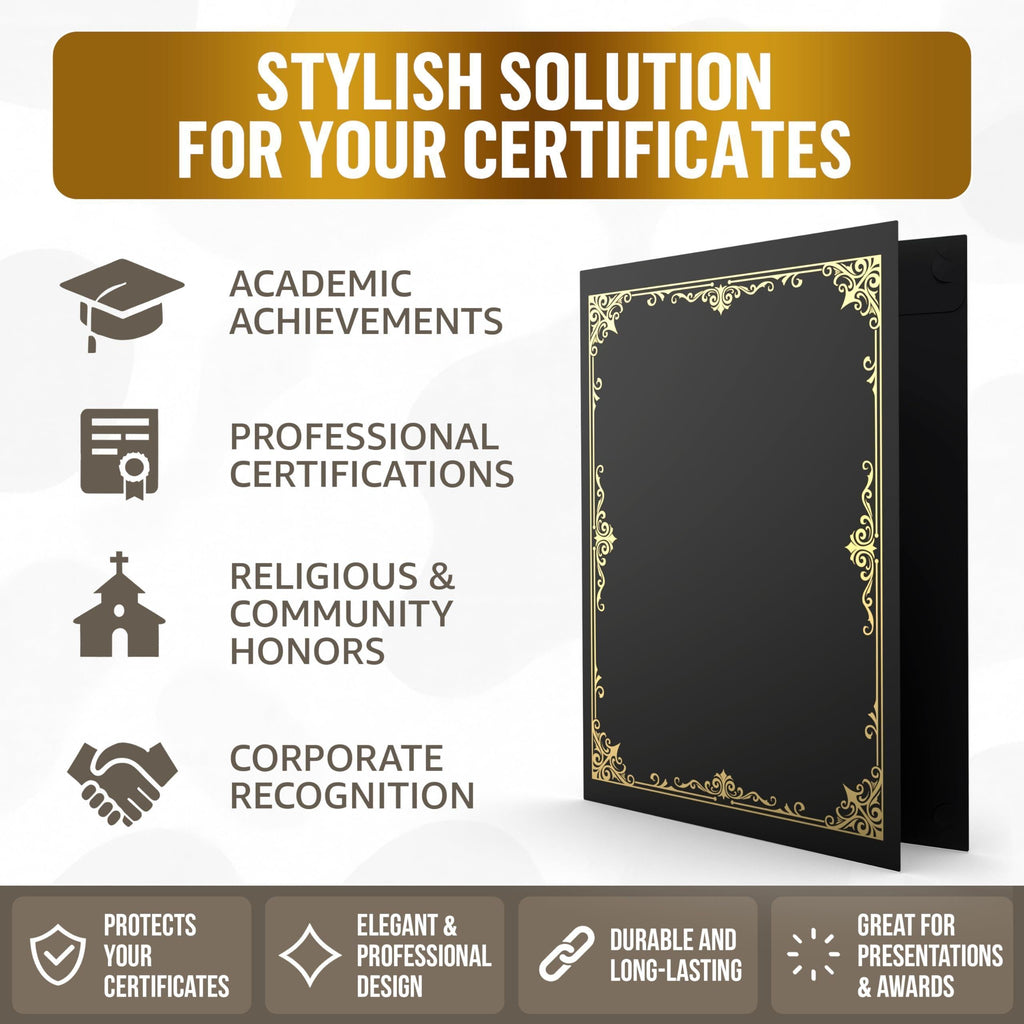 50 Pack Premium Black Certificate Holders 8.5 x 11 inch Heavyweight 300gsm Cardstock Diploma Holder & Certificate Folder Award Certificate Folders for Graduation with Gold Foil Diploma Cover