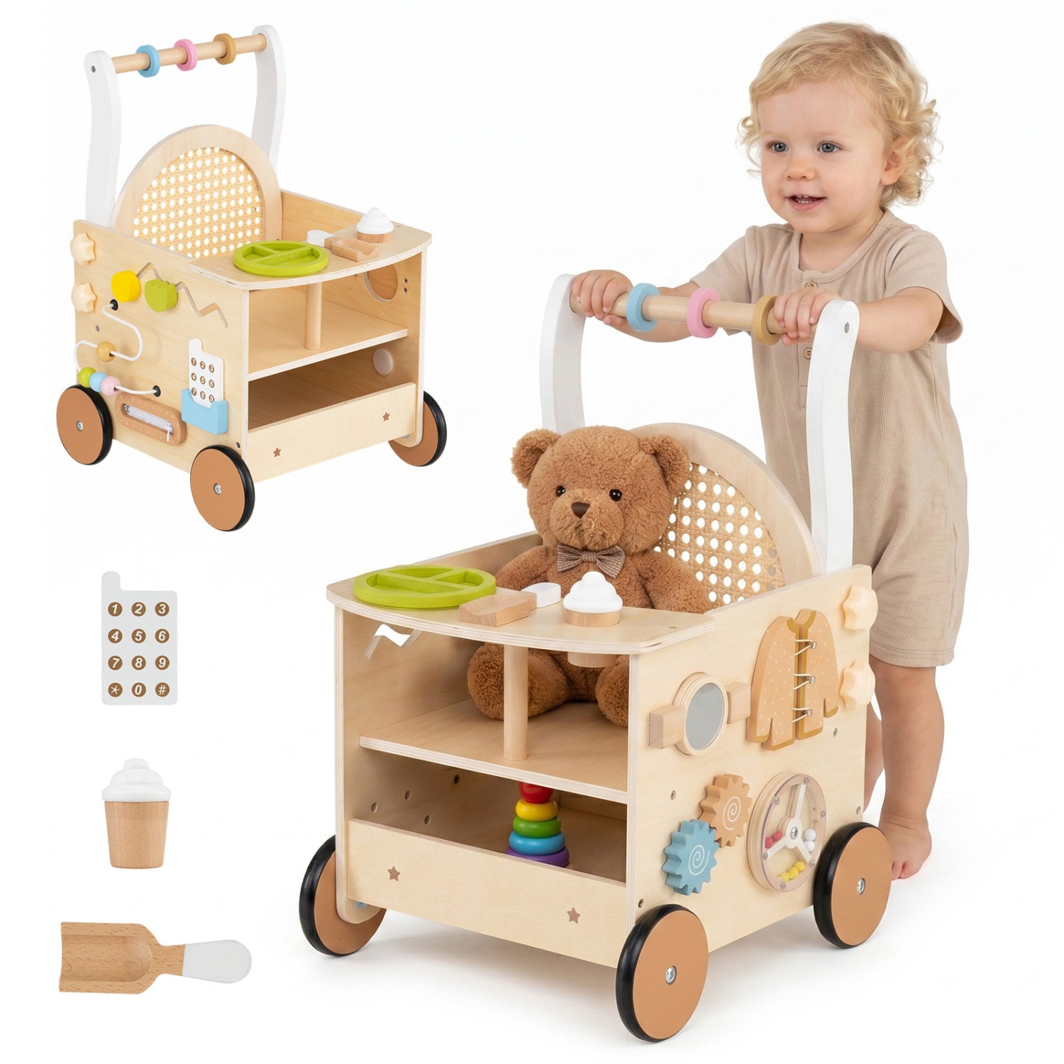 Wooden Push Walker 13-in-1 Activity Center with Storage