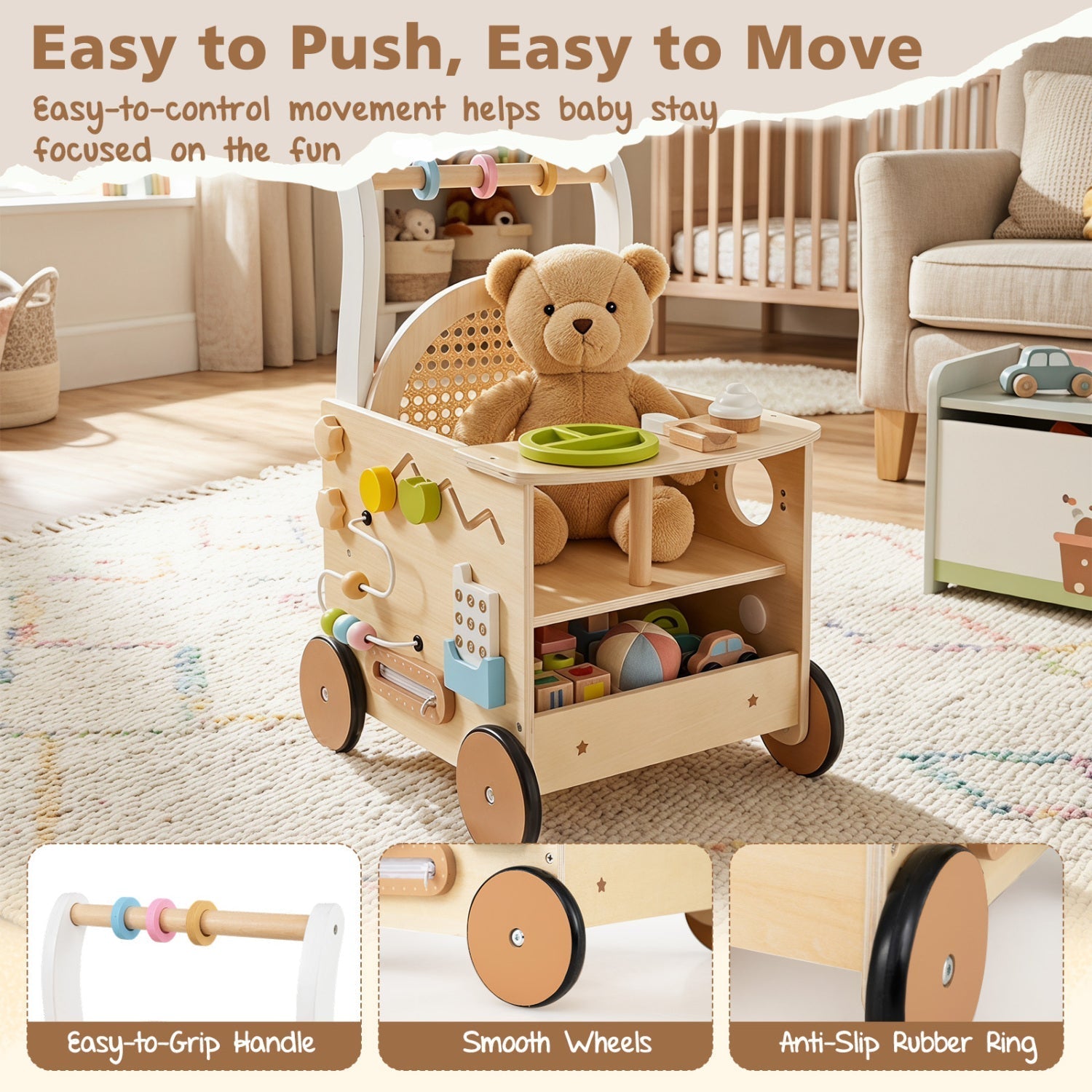 Wooden Push Walker 13-in-1 Activity Center with Storage