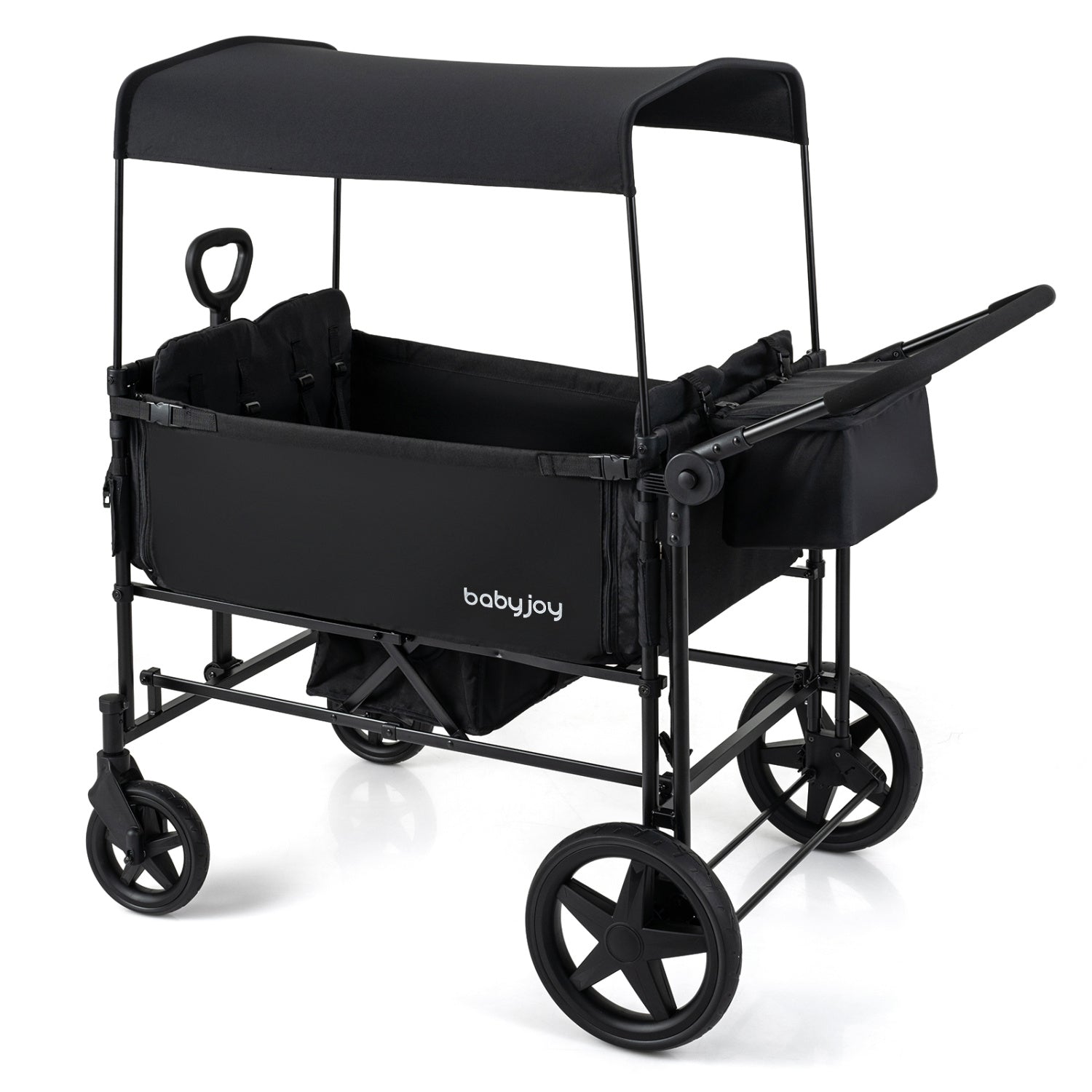 Foldable Wagon Stroller for 4 Kids with Removable Canopy and Adjustable Push