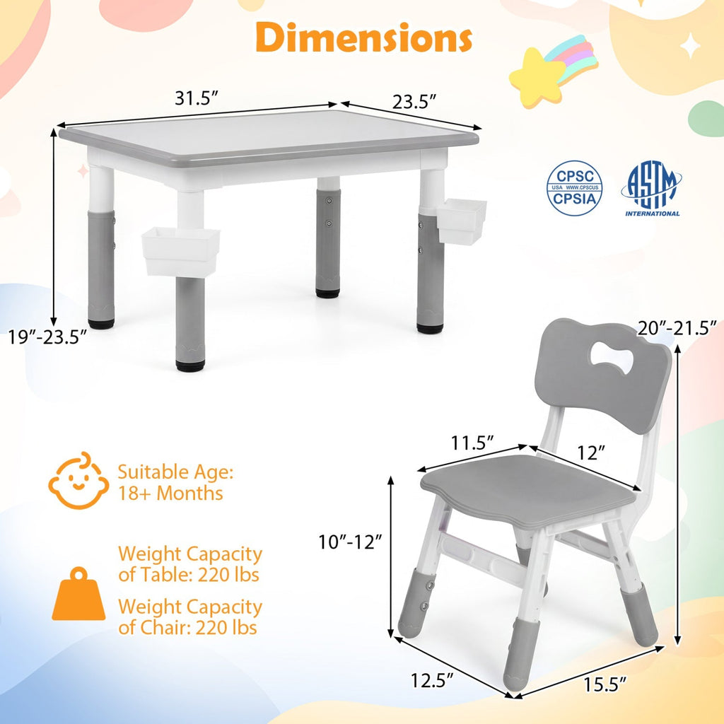 Kids Table and 4 Chairs Set with Adjustable Height