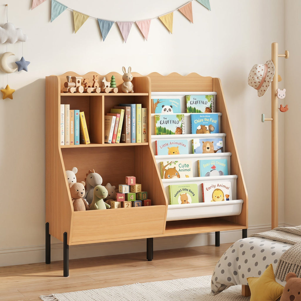 Kids Bookshelf and Toy Storage Organizer with 5 Fabric Pockets