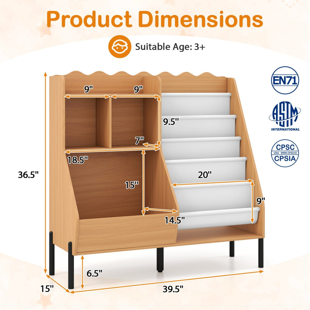 Kids Bookshelf and Toy Storage Organizer with 5 Fabric Pockets