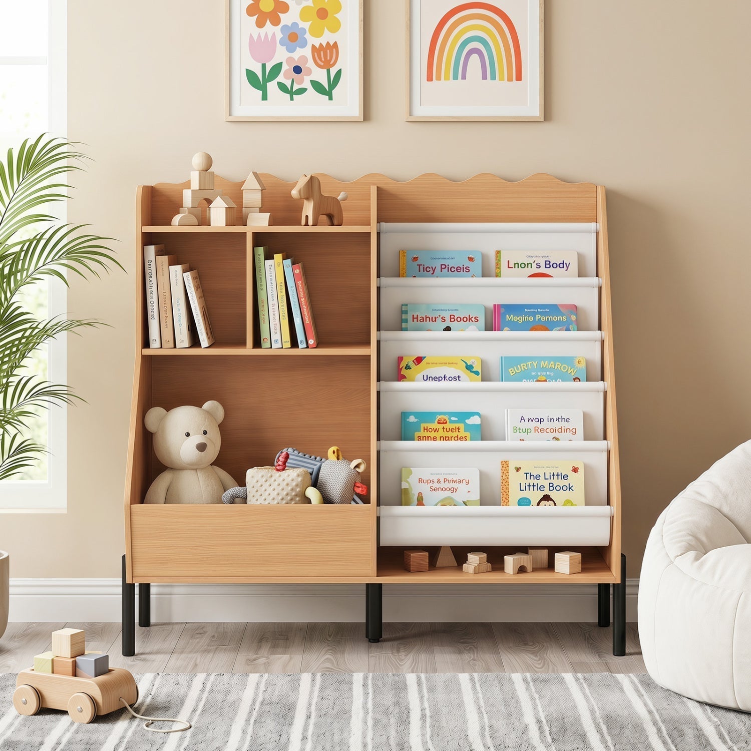 Kids Bookshelf and Toy Storage Organizer with 5 Fabric Pockets