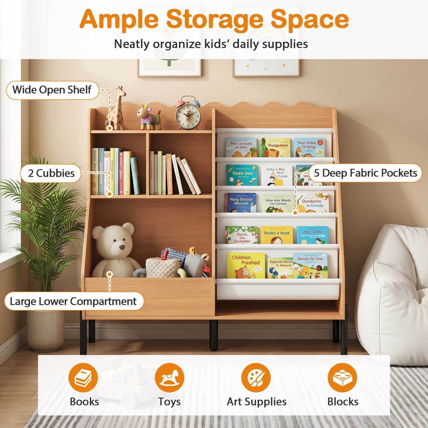 Kids Bookshelf and Toy Storage Organizer with 5 Fabric Pockets