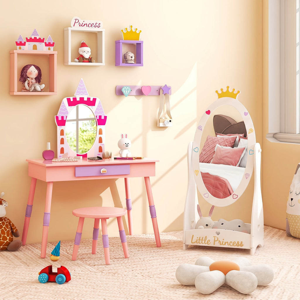 Kids Full Length Mirror with Rotatable Design and Shelf