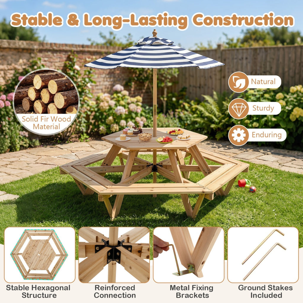Kids Hexagonal Picnic Table with Umbrella and 6 Benches