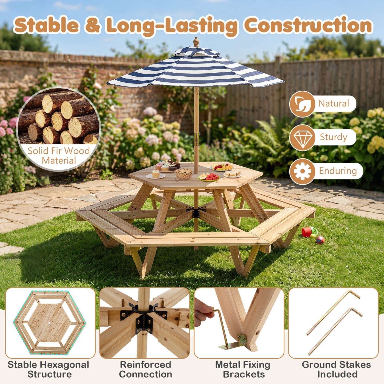 Kids Hexagonal Picnic Table with Umbrella and 6 Benches