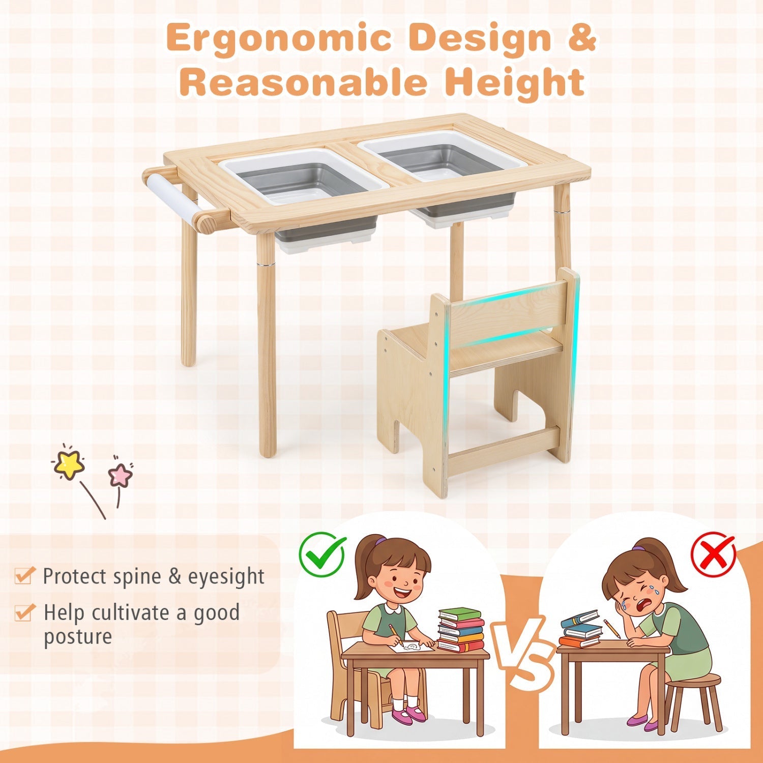 Kids Sensory Table Set with Adjustable Height and 2 Chairs