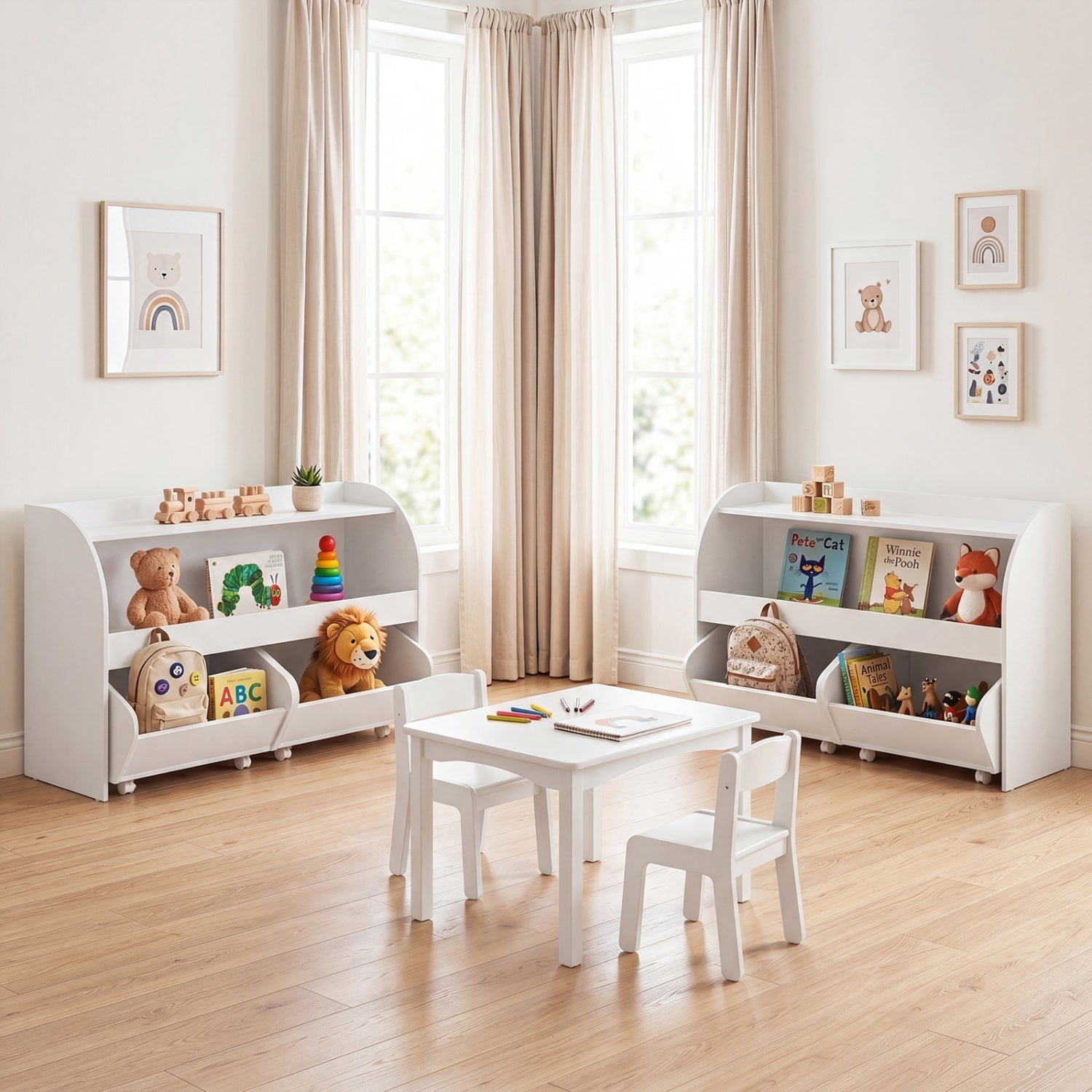 Kids Storage Organizer with Rolling Drawers & Bookshelf