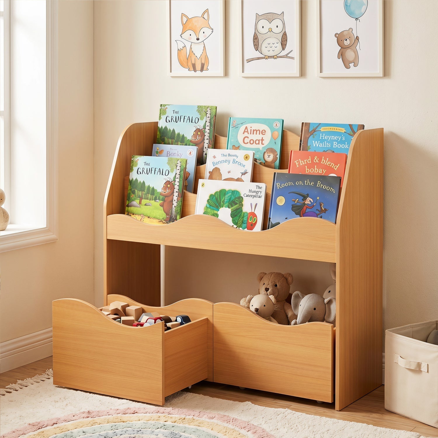 Kids Storage Organizer with Rolling Drawers and Bookshelf