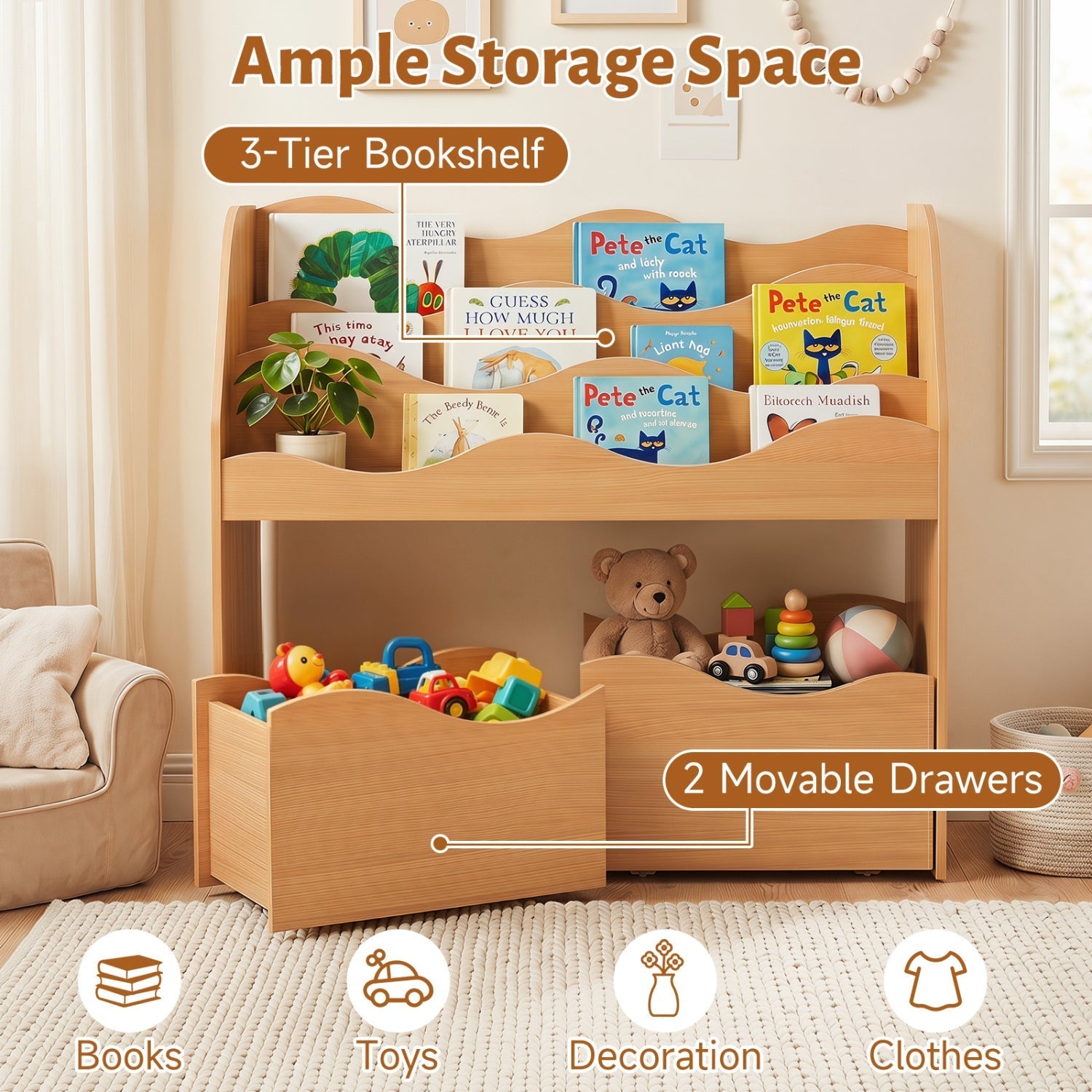 Kids Storage Organizer with Rolling Drawers and Bookshelf