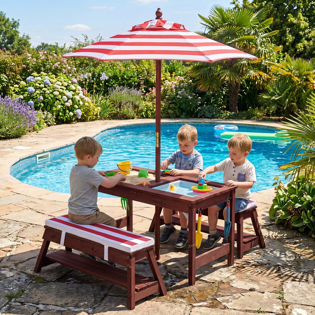 Kids Wooden Picnic Table Set with Umbrella and Sand Boxes