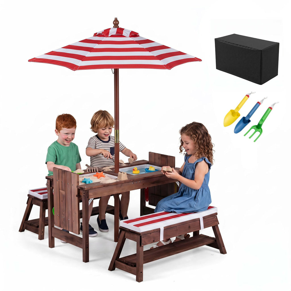 Kids Wooden Picnic Table Set with Umbrella and Sand Boxes