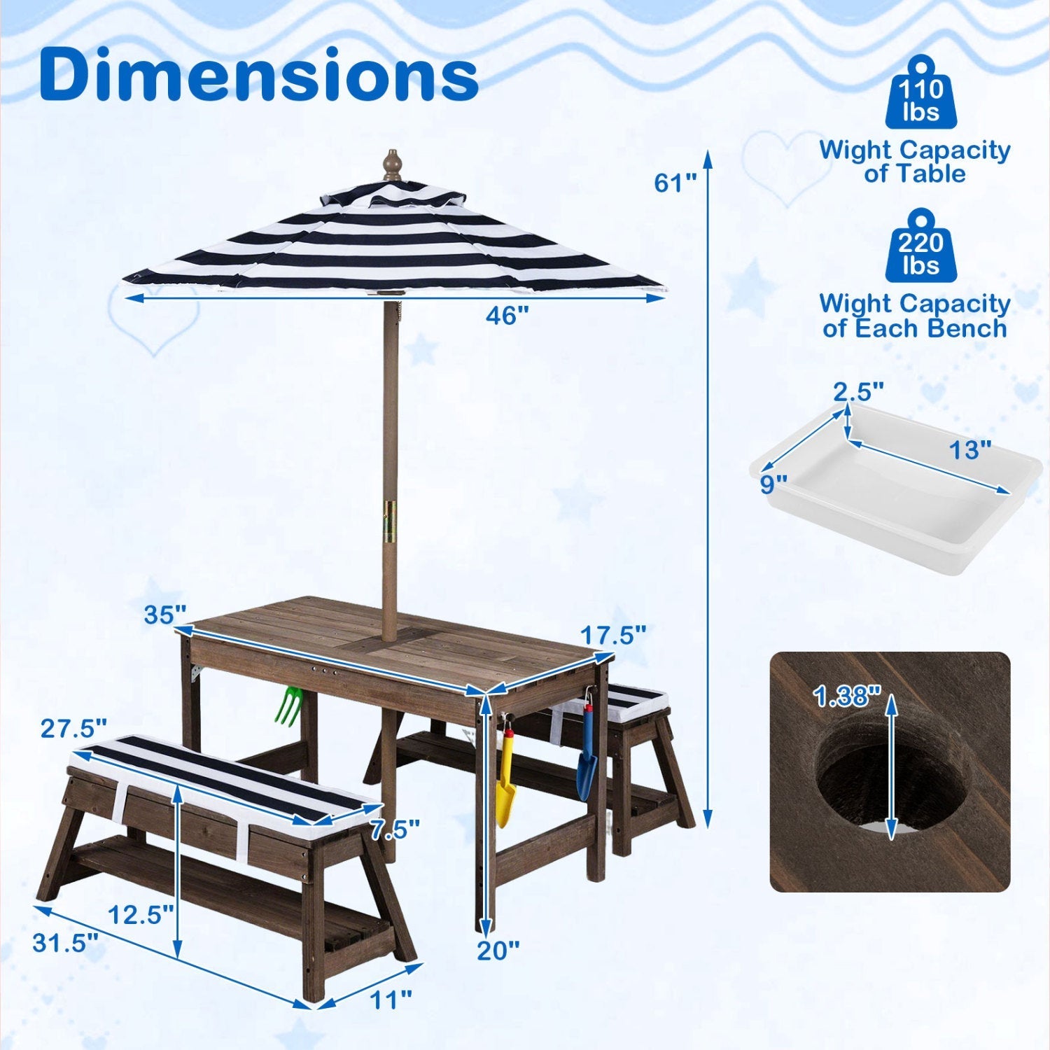 Kids Wooden Picnic Table Set with Umbrella and Sand Boxes