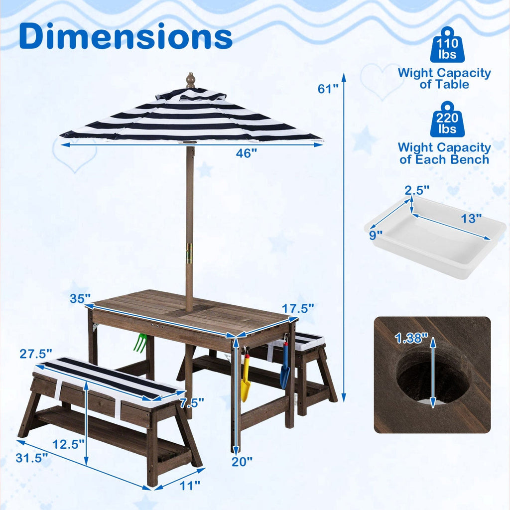 Kids Wooden Picnic Table Set with Umbrella and Sand Boxes