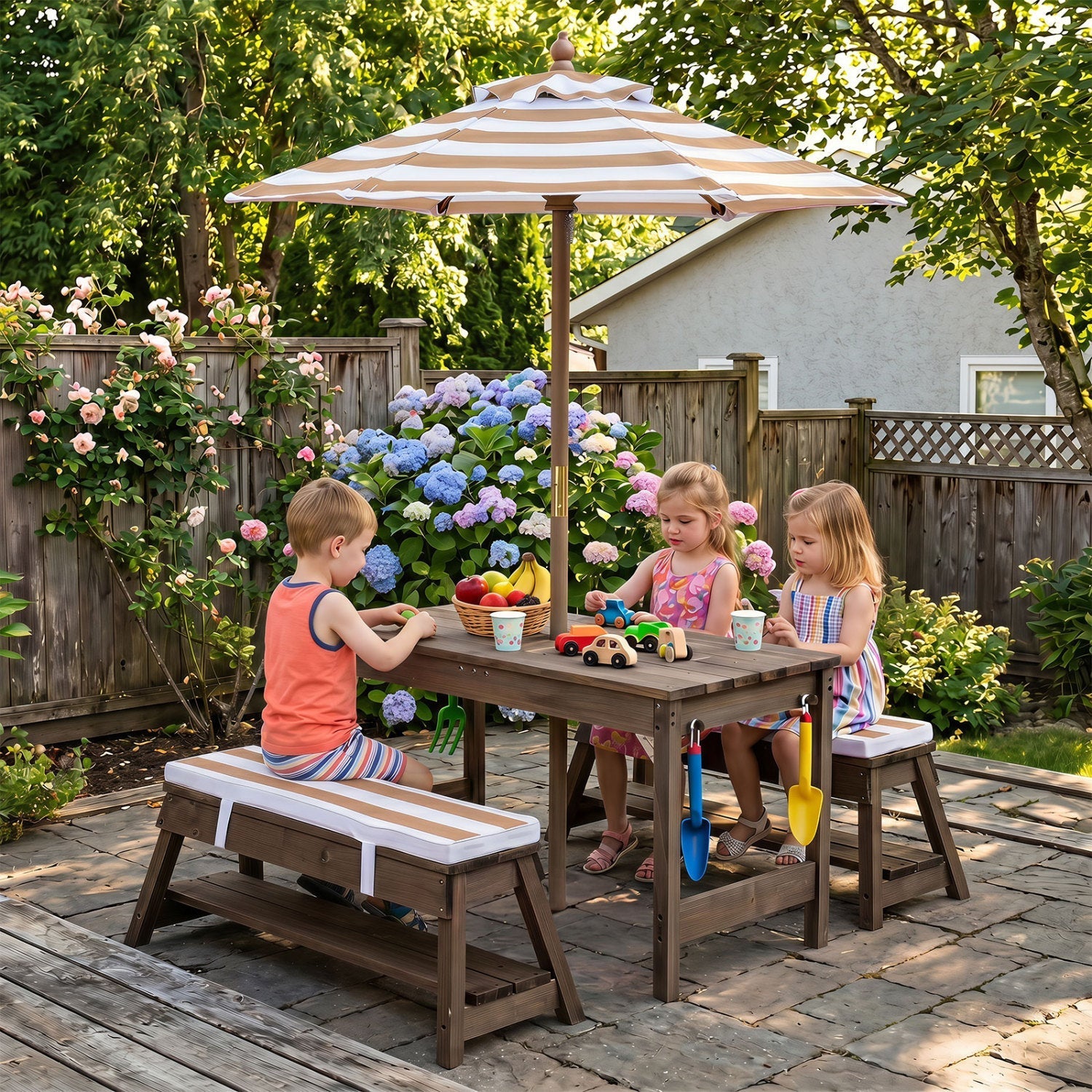 Kids Wooden Picnic Table Set with Umbrella and Sand Boxes