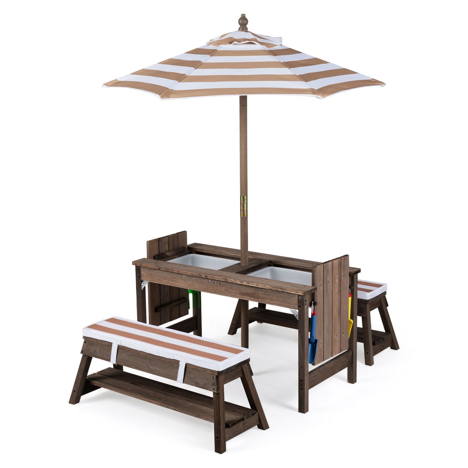 Kids Wooden Picnic Table Set with Umbrella and Sand Boxes