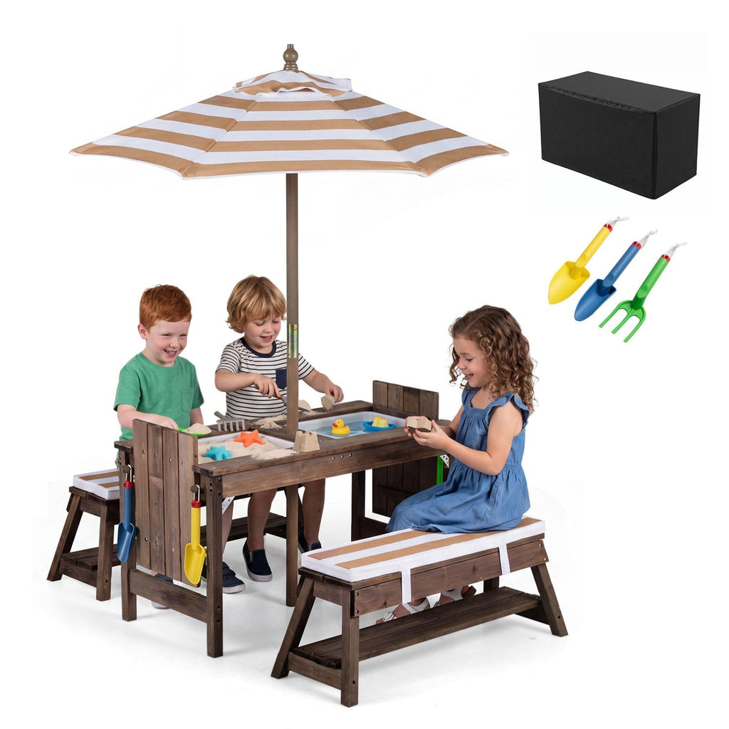 Kids Wooden Picnic Table Set with Umbrella and Sand Boxes