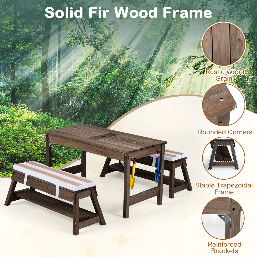 Kids Wooden Picnic Table Set with Umbrella and Sand Boxes