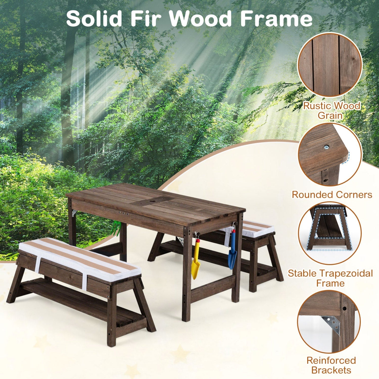 Kids Wooden Picnic Table Set with Umbrella and Sand Boxes