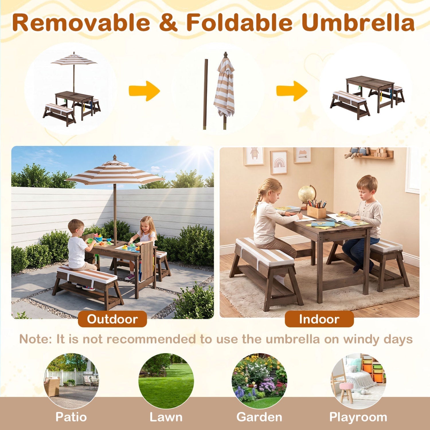 Kids Wooden Picnic Table Set with Umbrella and Sand Boxes