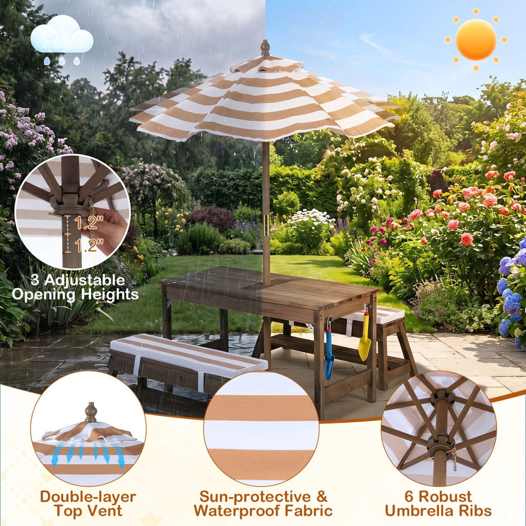 Kids Wooden Picnic Table Set with Umbrella and Sand Boxes
