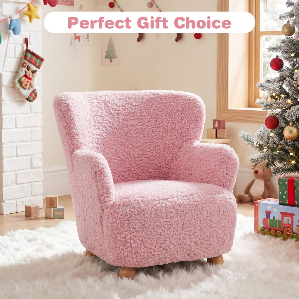 Kids Sherpa Armchair with Solid Wood Legs - Light Pink
