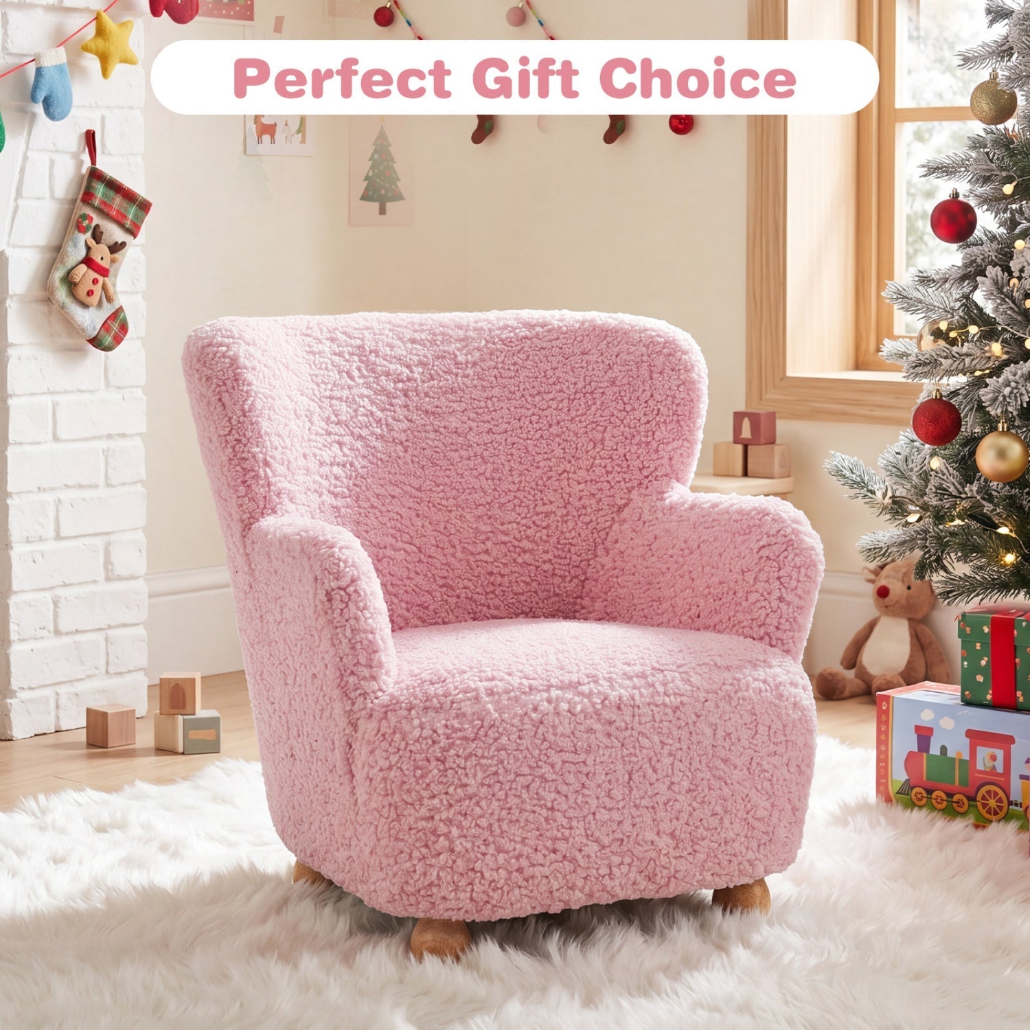 Kids Sherpa Armchair with Solid Wood Legs - Light Pink