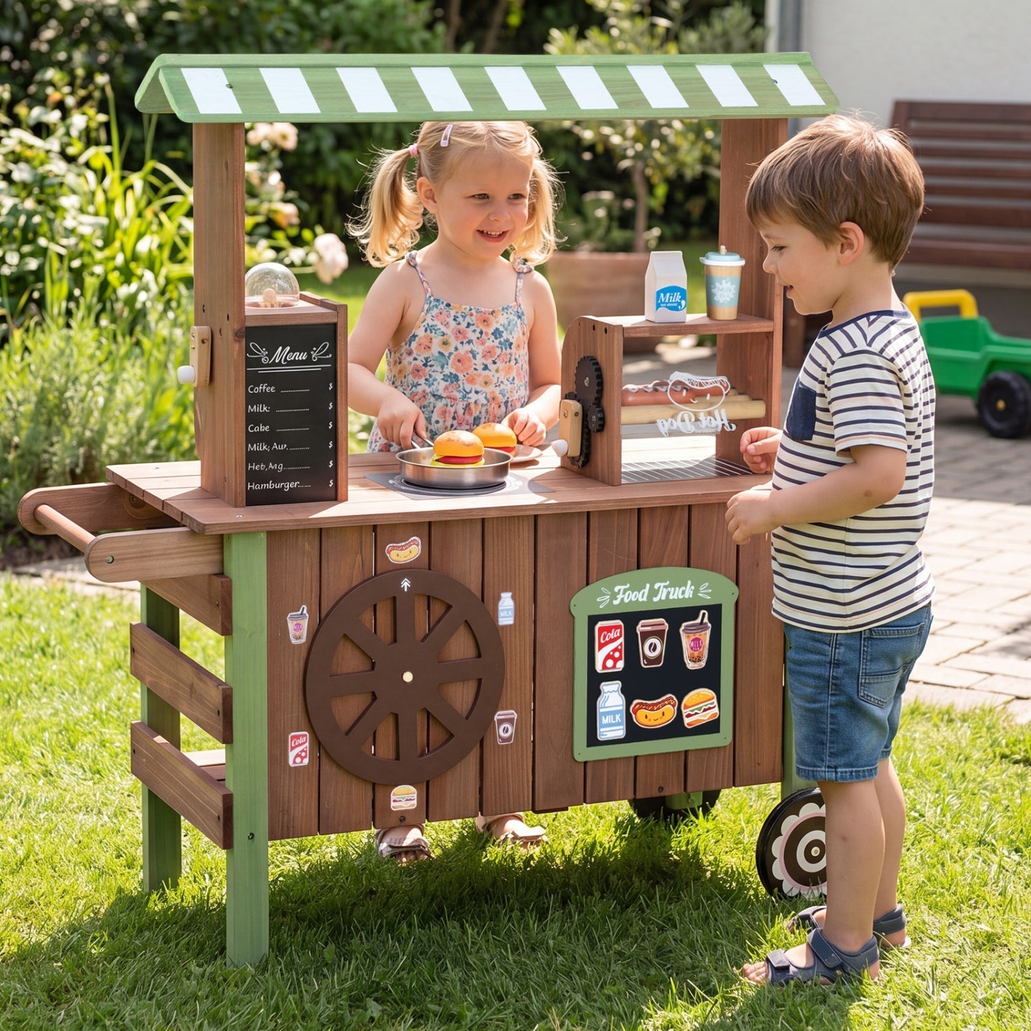 Wooden Grocery Store Playset with Wheels for Kids