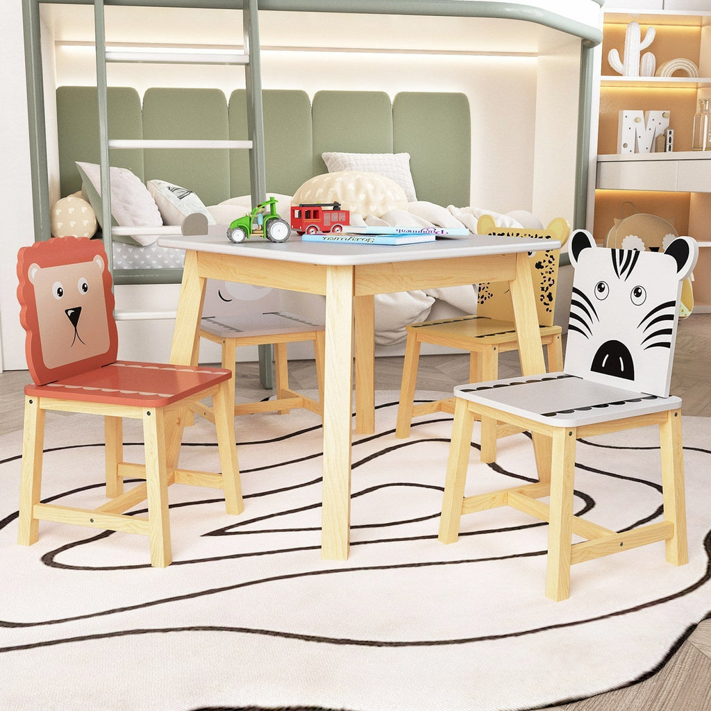 Kids Table and Chair Set, 5-Piece with Animal Designs