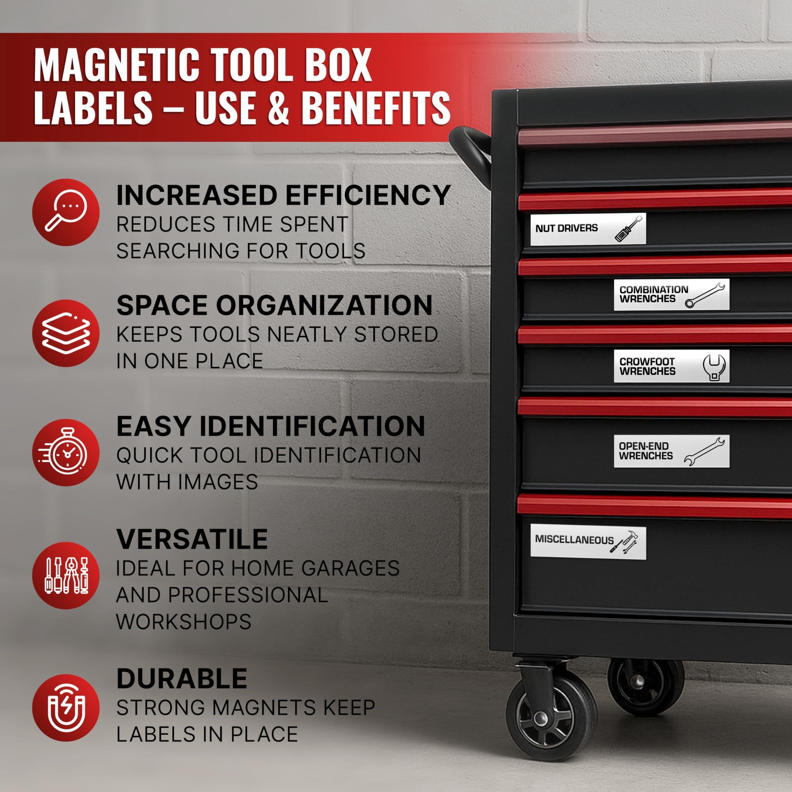 90 Pcs Magnetic Tool Box Labels 3.5x1 inch White Magnetic Toolbox Labels for Tool Box Drawers Strong Magnet Toolbox Organizer Chest Pre Printed & Blanked Emblems for Organization Toolbox Emblems
